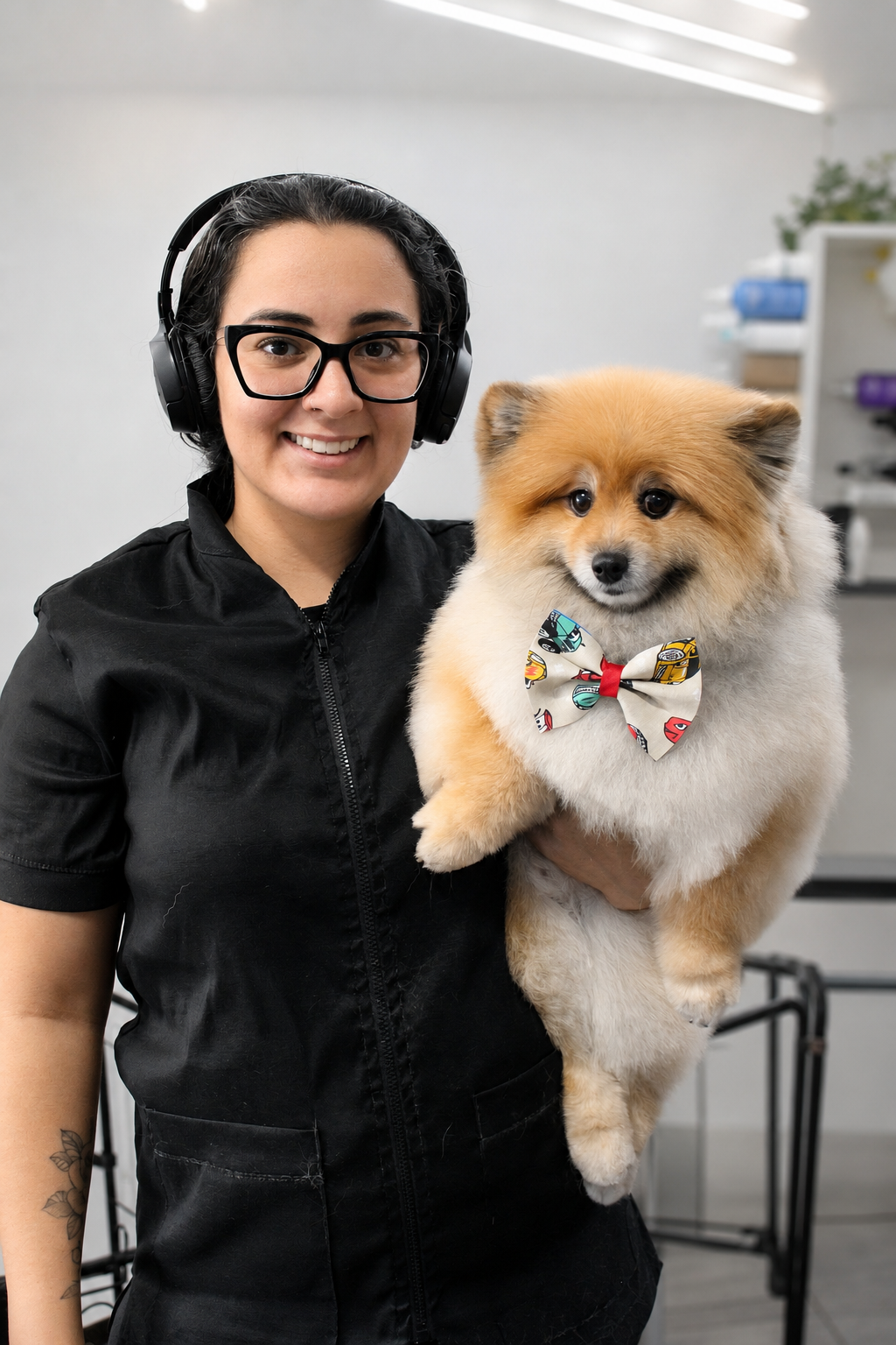Profissional da Falcomer Groomer segurando um pet
